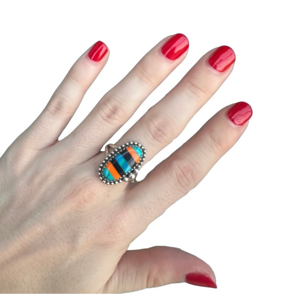 NEW Turquoise & Black Onyx & Lab Opal 925 Sterling Silver Ring SIZE 8 - Picture 3 of 4